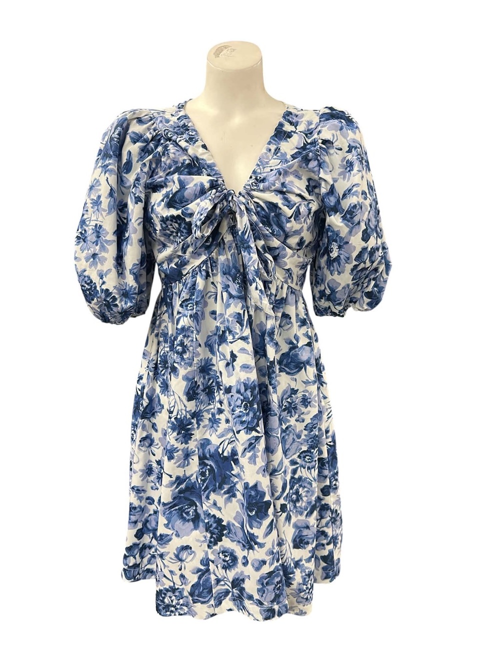 Abercrombie & Fitch Blue and White Floral Tie-Front Puff Sleeve Dress Size M